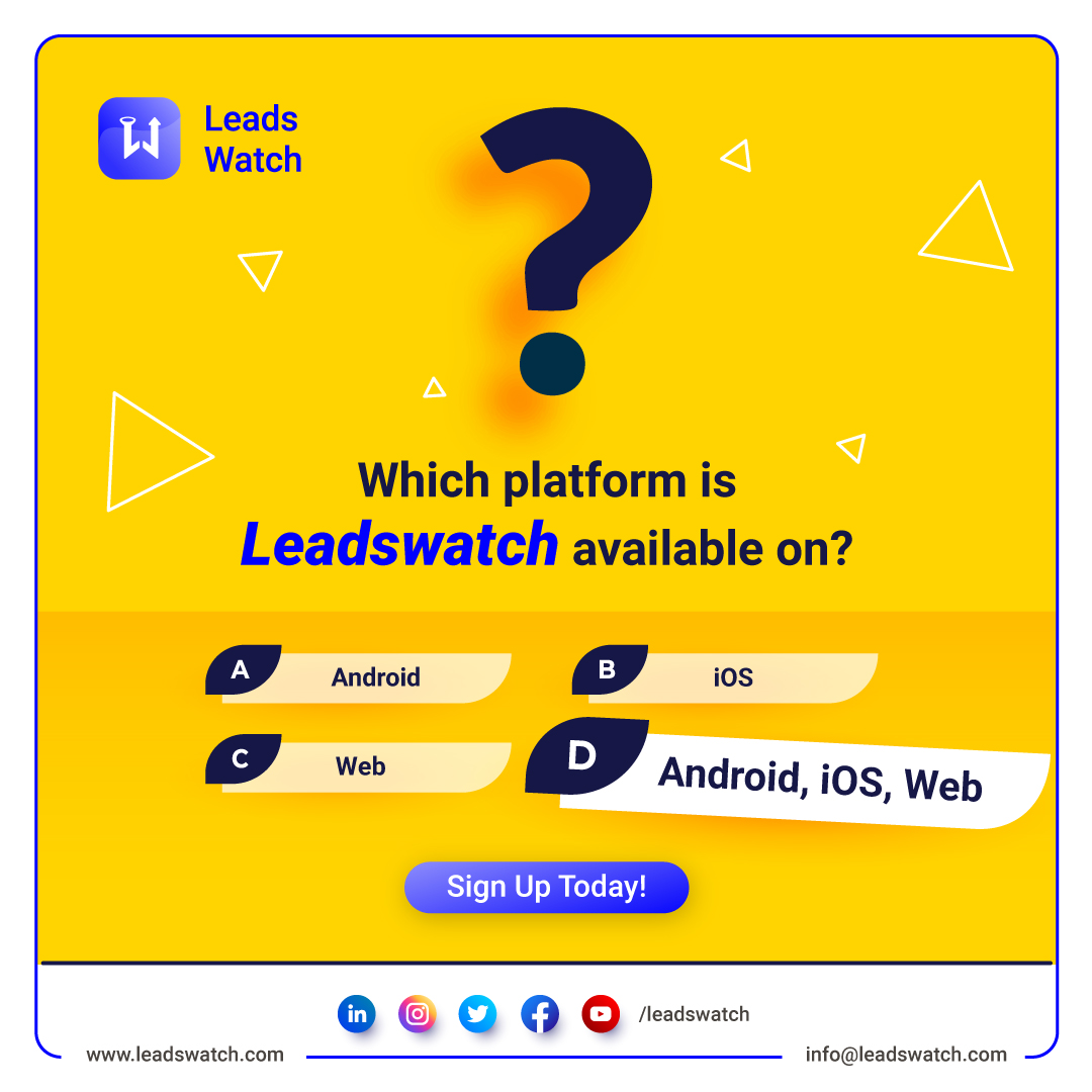 Leadswatch is a superior lead management CRM destined for absolute greatness. Therefore, it is available on every platform you like for a seamless experience. Sign up to Leadswatch today and take your business to the next level! leadswatch.com