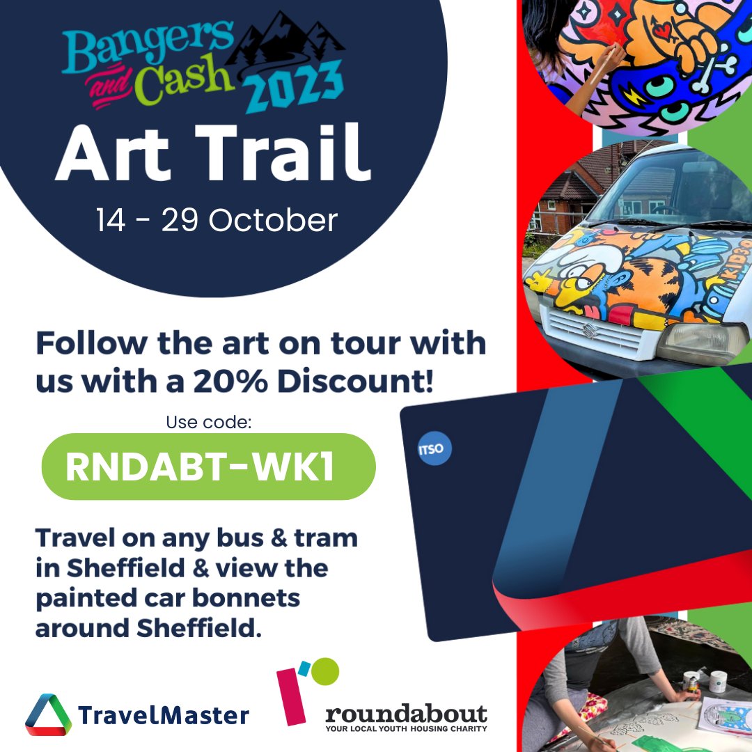 Discover the Bangers and Cash Art Trail with TravelMaster! 🚐🚎

From October 14th to 29th, enjoy a fantastic 20% discount on CityWide tickets! 🥰

#Sheffield #SheffieldIsSuper #TravelMaster #ArtTrail #BangersArtTrail #SheffieldArtist #SheffieldIsSuper #HalfTerm
