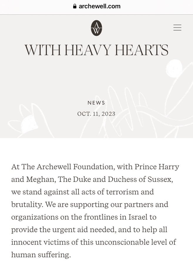 DBrown99944's tweet photo. We applaud Harry and Meghan's #ArchewellFoundation and partners like @WCKitchen & #HumanityCrew on their efforts to help ALL victims of the Israel-Hamas war.
World Central Kitchen is currently positioning teams to provide meals to both Israeli & Palestinian victims.
#Sussexes https://t.co/DJ0vndOHb8