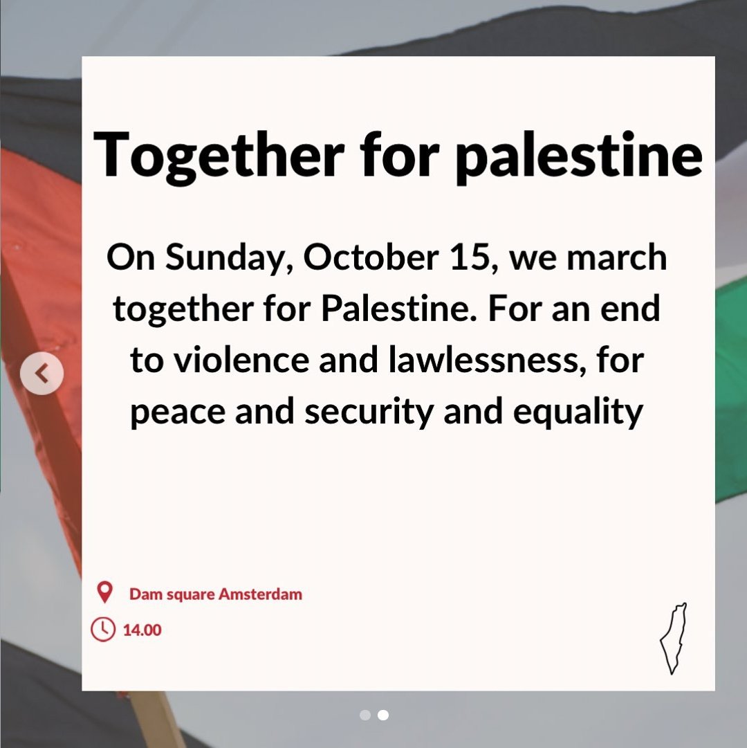 Op zondag 15 oktober lopen wij mee in een mars voor Palestina. Voor een einde aan het geweld en de rechteloosheid, voor vrede en veiligheid.
De Dam, Amsterdam, 14:00.

Afb. van BDS NL.