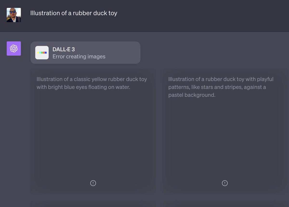 Seriously? <a href="/OpenAI/">OpenAI</a> Dall-E can't create a Rubber Duck illustration for issues with the "content policy"???

chat.openai.com/share/ee906bae…