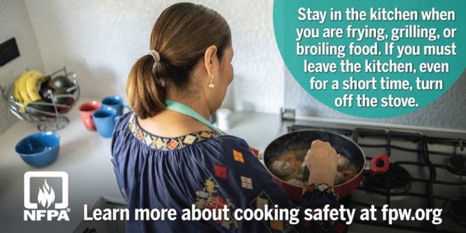 The majority of residential fires originate in the kitchen. Stay in the kitchen when you are frying, grilling or broiling food. If you must leave the kitchen, even for a short time, turn off the stove. #FirePreventionWeek