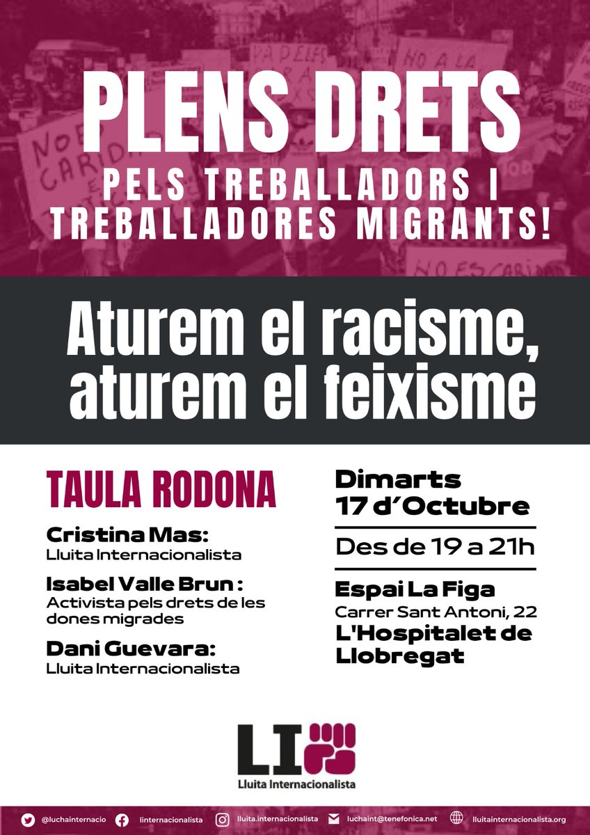 DaniGuevaraLH's tweet photo. El proper dimarts 17 d'octubre a les 19:00 a @La_Figa_, tindré el plaer de compartir taula amb @cristinamas_ i Isabel Valle a #LHospitalet de Llobregat. 

Plens drets pels treballadors i treballadores migrants!

Aturem el #Racisme, aturem el #Feixisme https://t.co/ss2TqwIVmQ