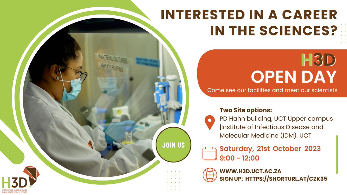 H3D_UCT's tweet photo. H3D is #Africa’s first integrated #drugdiscovery centre working to develop innovative, life-saving medicines for infectious diseases such as TB, malaria and antimicrobial resistance. Join us at the #H3D Open Day on Sat 21 Oct to find out more! Sign up: https://t.co/cGeHgWqN0y 💊 https://t.co/iv6859WDBV