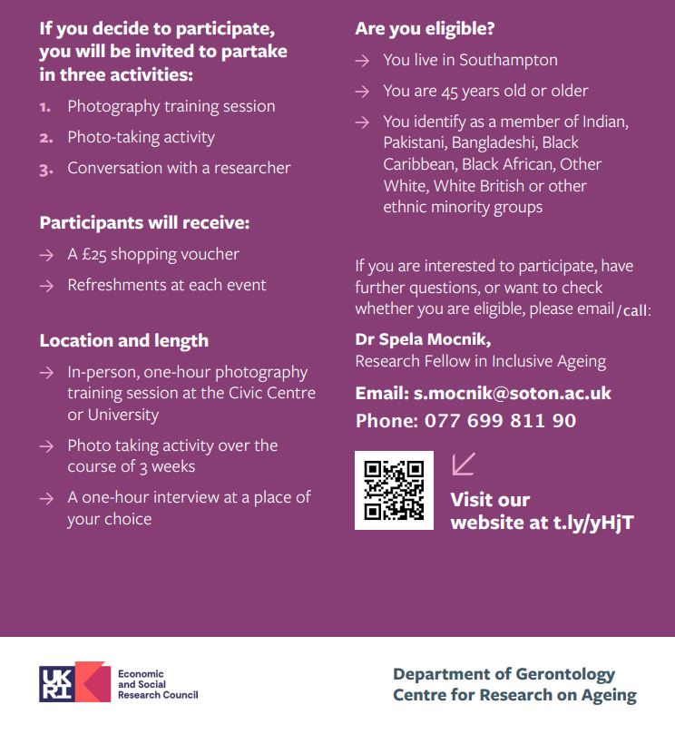 📋Research participants needed 👇👇

If you are 45+ and would like to help us understand what late-life financial planning means to you by taking photos &amp; being interviewed, do get in touch 📨
 
💷Help us promote greater inclusivity in #pension protection: cpc.ac.uk/projects/146/P…