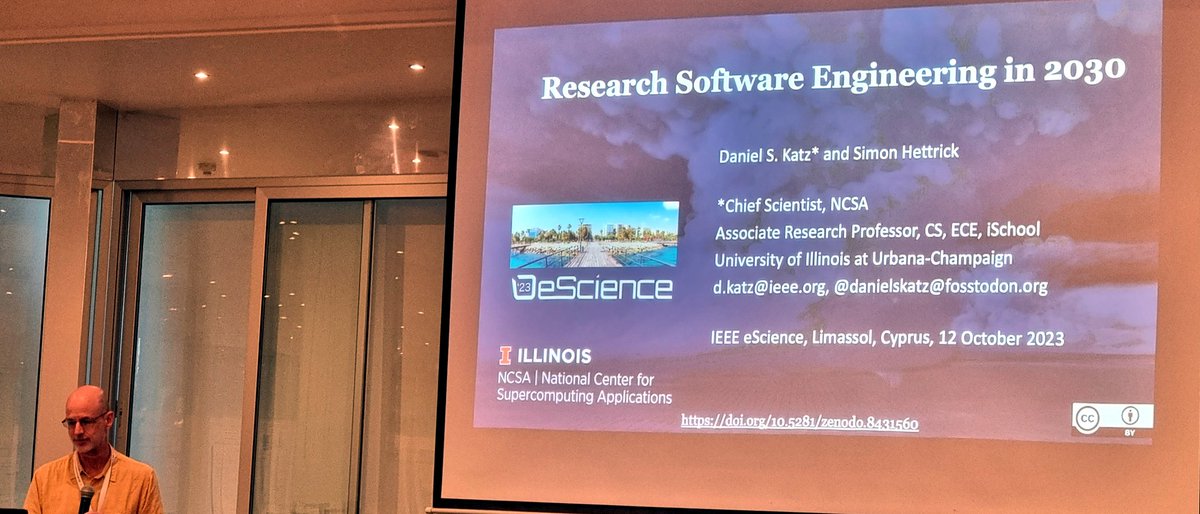 Great talk from @danielskatz here at @escience 2023 - Research Software Engineering in 2030. Really well thought out predictions, coauthored with @sjh5000 of @SoftwareSaved This is a great meeting of the global eScience community. @OxfordeResearch