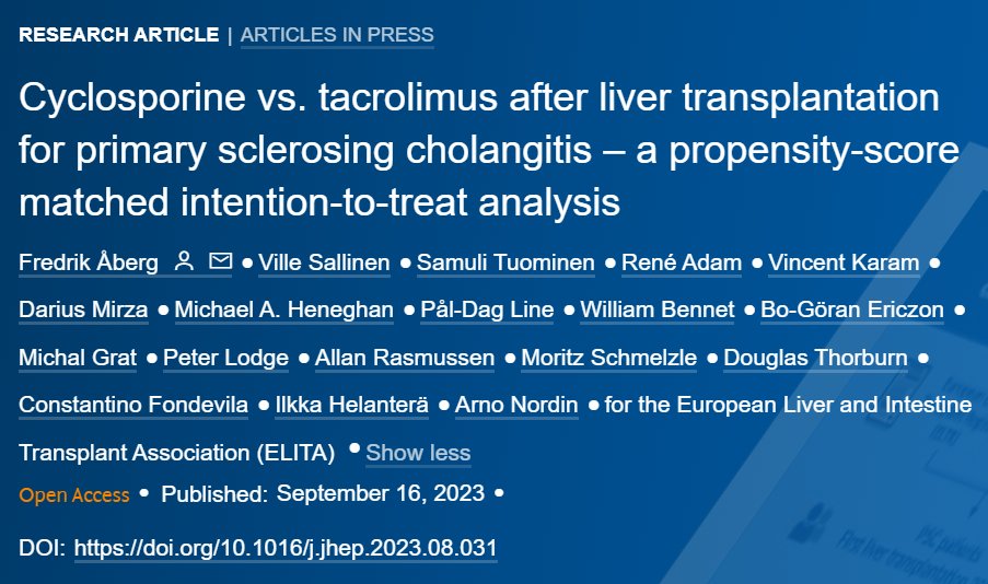 JHepatology's tweet image. 🆕Article in press❕
Cyclosporine vs. tacrolimus after #livertransplantation for #primarysclerosingcholangitis – a propensity-score matched intention-to-treat analysis
🔓#OpenAccess at👉bit.ly/3ZU3MOR
@Dr_ABERGFredrik
#LiverTwitter