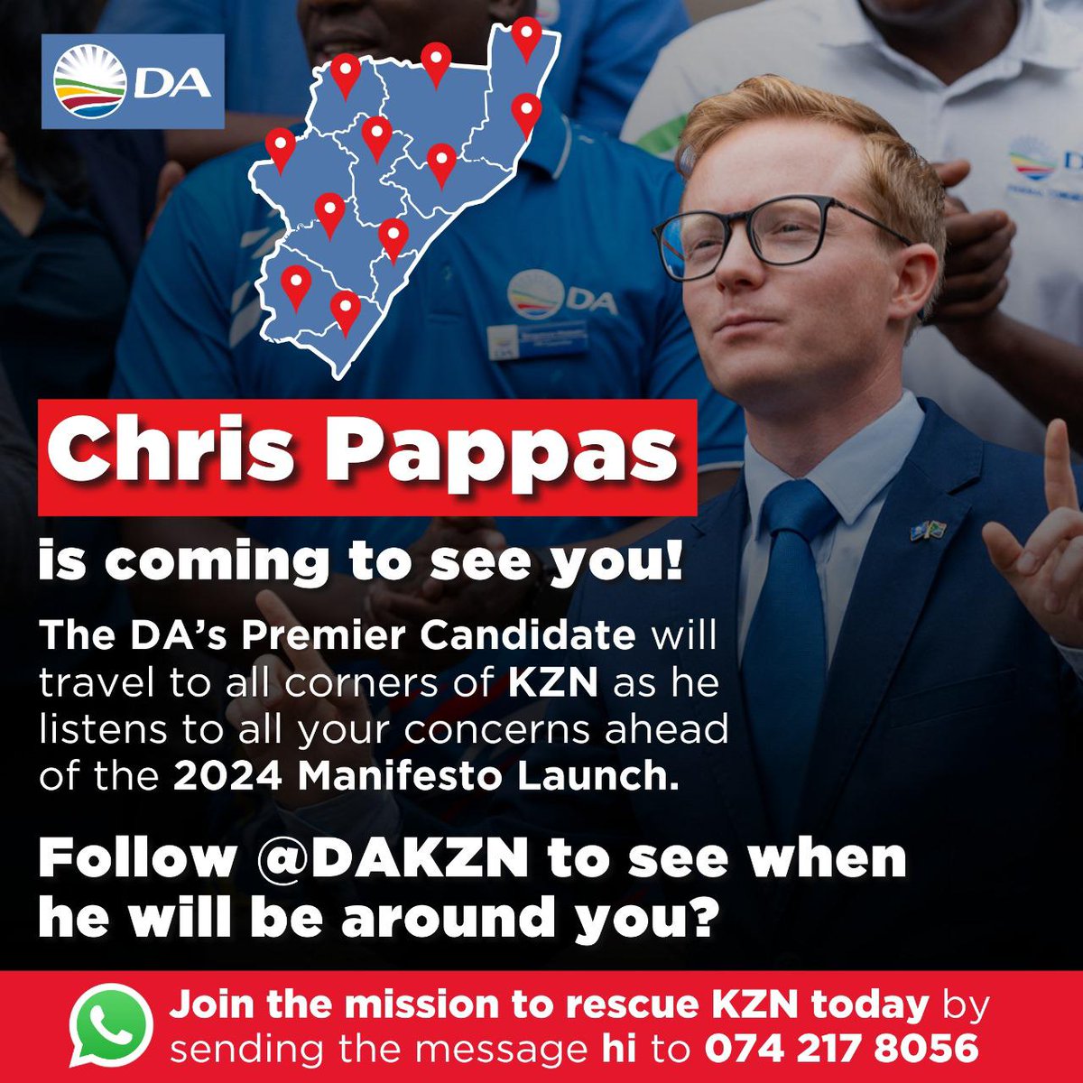 DA_KZN's tweet image. 📍 | The DA KwaZulu-Natal Premier Candidate is coming to see you!

We want to hear your concerns from you.

Stay tuned to our social media pages for updates on when Mayor Chris Pappas will be in your community.

#1plus1 #PappasForPremier #RescueKZN
