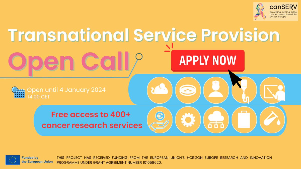 canSERV_EU's tweet image. ⚠️Call is OPEN⚠️

APPLY NOW for #canSERV_EU’s OPEN CALL for Transnational Service Provision!

#CancerResearchers in &amp;amp; outside 🇪🇺 can apply for 🆓access to cutting-edge services.💪

Apply via canserv.eu/calls/open-cal… &amp;amp; find the right service/s to accelerate your cancer research🎗️