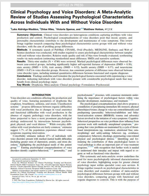 Luke Waddon (@lukeawaddon) on Twitter photo Our work reviewing psychological features in voice disorders is now available (in press) @ Journal of Voice doi.org/10.1016/j.jvoi…. Our work advocates for more clinical psychology input in voice care services. With Chloe Hiles, <a href="/voicefituk/">Tor Spence SLT 💙</a> and Dr <a href="/MattHotton/">Matt Hotton</a>. Our work reviewing psychological features in voice disorders is now available (in press) @ Journal of Voice doi.org/10.1016/j.jvoi…. Our work advocates for more clinical psychology input in voice care services. With Chloe Hiles, <a href="/voicefituk/">Tor Spence SLT 💙</a> and Dr <a href="/MattHotton/">Matt Hotton</a>.