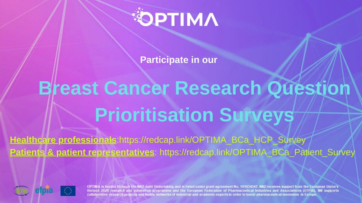 OPTIMA_oncology's tweet photo. Please participate in our #breastcancer research question prioritisation surveys to help us determine the most important, critical and unanswered RQs.

•Healthcare professionals: https://t.co/CiNAanHZmw
•Patients &amp; patient representatives: https://t.co/p3asdVycfn https://t.co/8CBRLrotKD