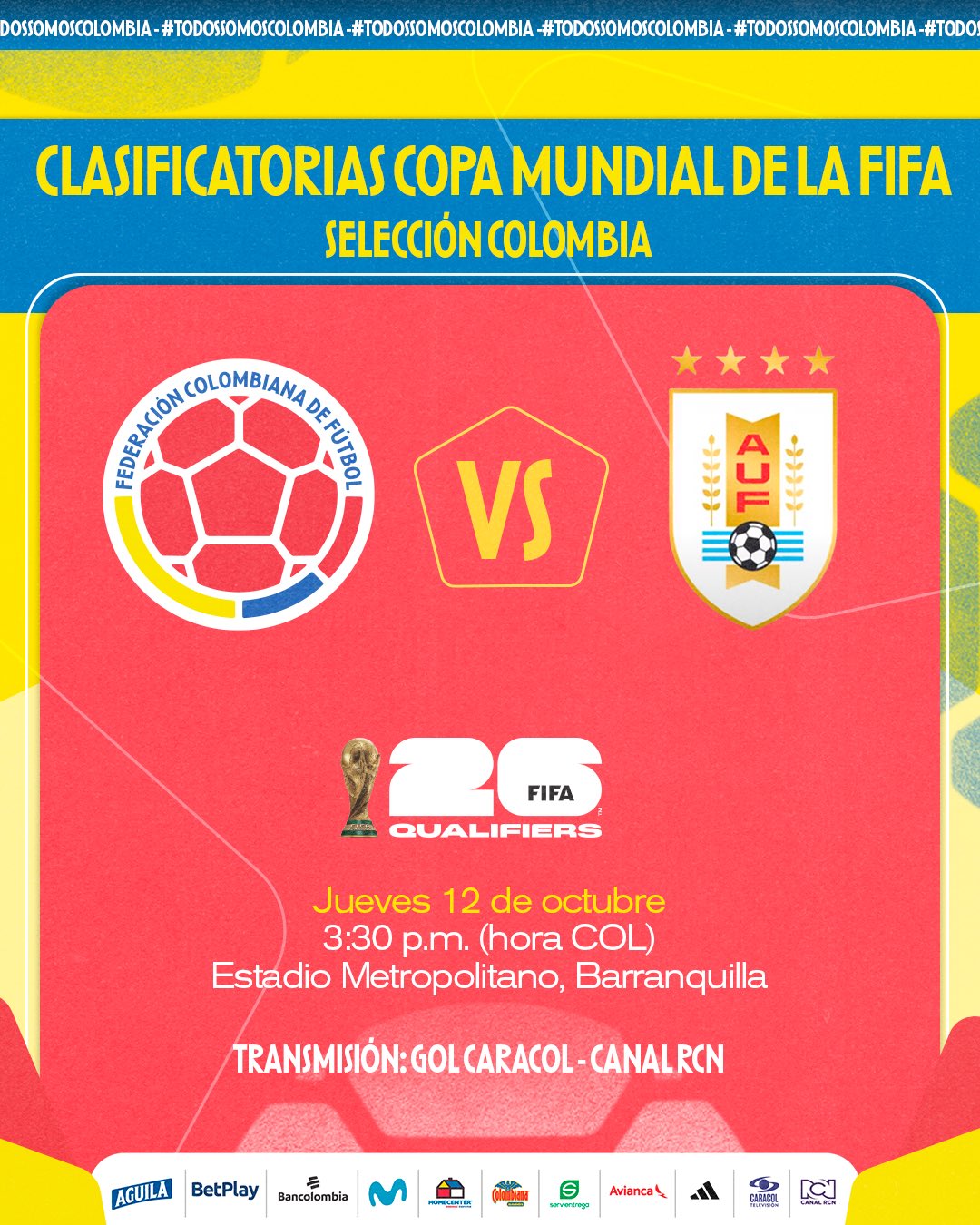 SelecciΓ³n Uruguaya on X: πΊπΎ Β‘ππ’π¬ ππ¨πππ π¨π₯π¨ππ¨ππ¬! π Colombia π 17:30 (UY) ποΈ Estadio Metropolitano πΊ #ElEquipoQueNosUne / X