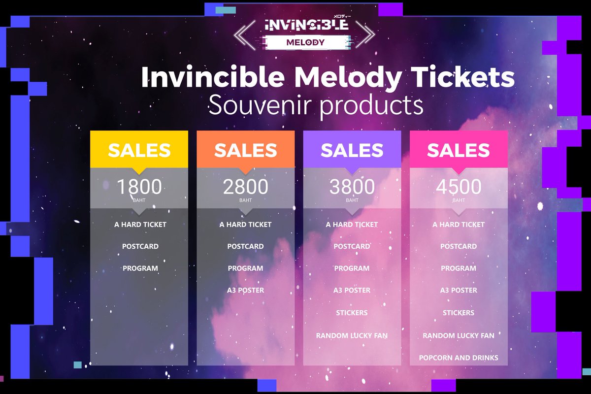 InvincibleMld's tweet photo. มาแล้ว ! รายละเอียดผังที่นั่ง ราคาบัตร และของที่ระลึกสุดพรีเมี่ยม 💺✨

เหล่าแฟนคลับทุกท่านเตรียมตัวให้พร้อม ซ้อมมือรัวคีย์บอร์ด และเตรียมอินเทอร์เน็ตแรงเต็มสปีด เพราะศึกครั้งนี้ มีเพียงผู้ชนะเท่านั้นที่จะได้ที่นั่งถูกใจไปครอง

รอบการแสดงมีทั้งหมด 2 รอบ แบ่งเป็นรอบละ 2 ชม. ผังที่นั่งและราคาในแต่ละรอบจะเหมือนกัน โดยมีรายละเอียด ดังนี้

💛ที่นั่ง 1,800 บาท
สินค้าที่ระลึก : บัตรแข็ง , โปสการ์ด , สูจิบัตร
🧡ที่นั่ง 2,800 บาท
สินค้าที่ระลึก : บัตรแข็ง , โปสการ์ด , โปสเตอร์ A3 , สูจิบัตร
💜ที่นั่ง 3,800 บาท
สินค้าที่ระลึก : บัตรแข็ง , โปสการ์ด , โปสเตอร์ A3 , สติกเกอร์ , สิทธิ์สุ่มลัคกี้แฟน VR meet and greet , สูจิบัตร
❤️ที่นั่ง 4,500 บาท
สินค้าที่ระลึก : บัตรแข็ง , โปสการ์ด , โปสเตอร์ A3 , สติกเกอร์ , สิทธิ์สุ่มลัคกี้แฟน VR meet and greet , ป๊อปคอร์น และ เครื่องดื่ม , สูจิบัตร

ถ้าเลือกที่นั่งได้แล้ว ก็เตรียมเข้าสู่สนามรบได้เลย ! 
โปรดตรวจสอบรายละเอียดที่นั่งให้ดีก่อนจอง เพื่อให้ได้ที่นั่งที่ใช่และของที่ระลึกที่ชอบ
และย้ำอีกครั้ง มีเพียงที่นั่งราคา 3,800 และ 4,500 บาท เท่านั้นที่จะได้รับสิทธิ์ สุ่มลัคกี้แฟน VR meet and greet

🎟กำหนดการจำหน่ายบัตร
วันที่ : 18/10/2023
เวลา : 18:00 น. (ตามเวลาไทย)

อดใจรออีกนิดเดียว Invincible Melody จะนำกำหนดการตารางเวลาคอนเสิร์ตทั้ง 2 รอบ และวิธีการซื้อบัตร  มาให้รับชมเร็วๆนี้

กาปฏิทินและตั้งเวลารอไว้ได้เลย เพื่อไม่ให้พลาดทุกวินาทีการจับจองของคุณ
.

The details of the seating plan, ticket prices, and premium souvenirs have arrived💺✨

All the fans, get ready. Better practicing your keyboard skills and preparing your internet at full speed. In this battle, only the winner will get the favorite seat.

There are 2 show times, divided into 2 hours for each round. The seating plan and prices for each show are the same, with details as follows :

💛Seats 1,800 baht
Souvenir products: a hard ticket, postcard, program
🧡Seats 2,800 baht
Souvenir products: a hard ticket, postcard, program, A3 poster
💜Seats 3,800 baht
Souvenir products: a hard ticket, postcard, program, A3 poster, stickers, random lucky fan for VR meet and greet 
❤️Seats 4,500 baht
Souvenir products: a hard ticket, postcard, program, A3 poster, stickers, random lucky fan for VR meet and greet, popcorn and drinks

Once you've chosen your seat, then prepare to enter the battlefield!
Please check the seating details carefully before booking to get your favorite seats and souvenirs.
We would like to reiterate that only seats priced 3,800 and 4,500 baht will receive the right to random lucky fans for an exclusive VR meet and greet.

🎟Ticket sales schedule
Date: 18/10/2023
Time: 18:00 GMT+7 (Thailand Time)

Wait and see. Invincible Melody will bring you the schedule for both concerts and ticket purchase tutorials soon.

Better mark your calendar and set a notification time! So you don't miss every second of your reservation.
.

ติดตามเพื่อรับข่าวสารก่อนใครจากเรา...  
Follow us to receive the latest information.
Facebook Page : Invincible Melody 
https://t.co/JhLRUg3agV
X (Twitter) : @InvincibleMld  #InvincibleMelody