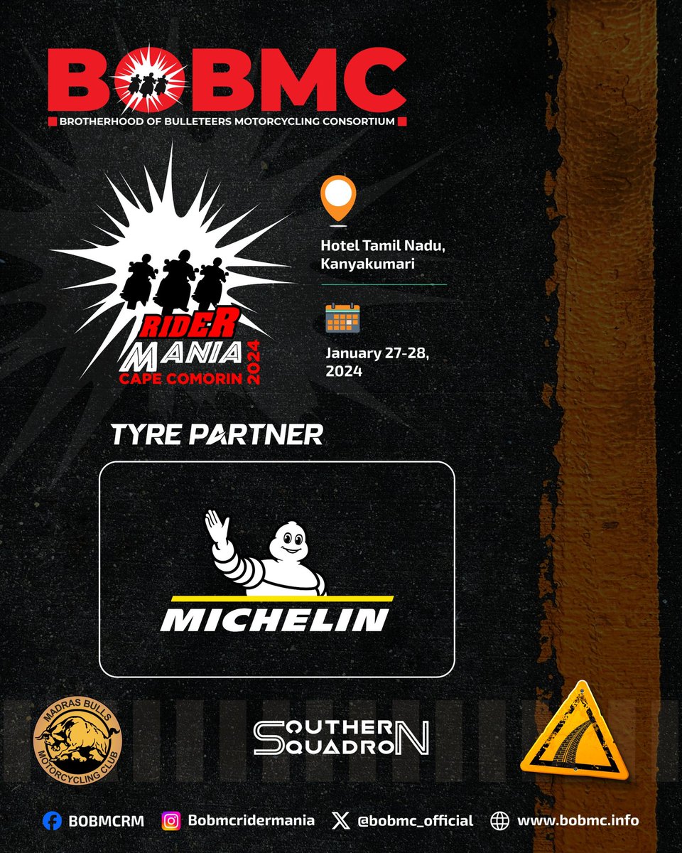 Bobmc_Official's tweet photo. We are happy to announce that Michelin will be the official Tyre Partner for BOBMC Rider Mania 2024.

Thank you @michelin for your long standing support to the BOBMC community.

#BOBMC #BOBMCRiderMania #Michelin #MICHELINxBOBMC https://t.co/E03doPqrnn