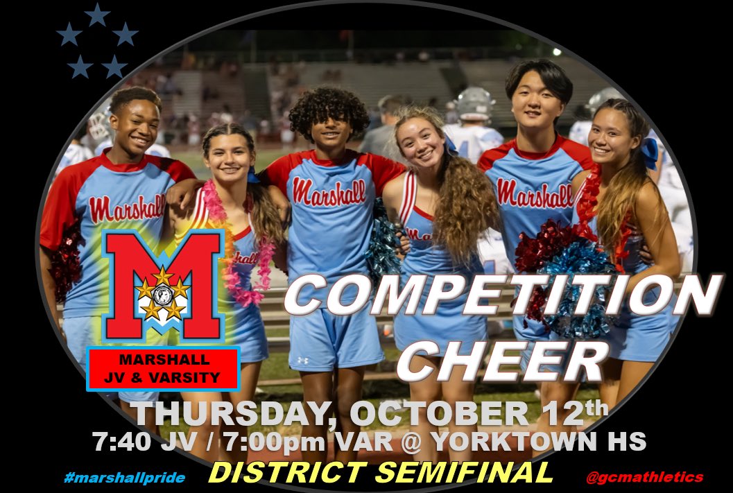 GCMsports1's tweet photo. The @gcm_cheer Varsity and JV teams will perform tonight at Yorktown HS in the District qualifier! Go Marshallโผ๏ธ
๐ฃ๐ฃ๐ฃ
#gcmcheer
#marshallpride https://t.co/uRFnVDbah8