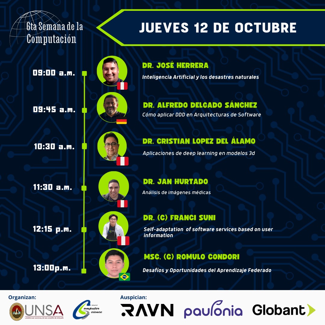 EPCC_10's tweet photo. 💻⚡6ta Edición Semana de la Computación👨🏻‍💻👩🏻‍💻‼️
📌Ponentes del día Jueves 12 de octubre
⚡DÍA 4🔋
⏱ Inicia: 09:00 am GTM-5
📍 Auditorio de Ing. Electrónica
✅ Para mas información visita nuestra página: https://t.co/XCCoLFbeUe
#epccunsa #csunsa #eventostec #arequipa https://t.co/j6H3MdvJA5