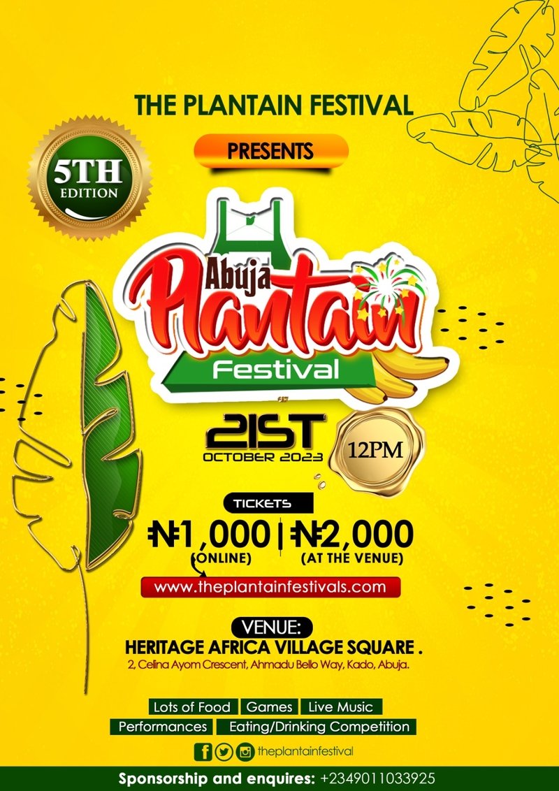 Gabriel Mancha (@gabrielmancha14) on Twitter photo <a href="/ThePlantainFest/">The Plantain Festival</a> 5.0 is here!
Food | Games | live Music
50% cash back to/fro on your trip to the festival on the #RidaApp @rida_nigeria
Get your tickets now!
linktr.ee/abujaplantainf…
#plantainfestival2023 <a href="/ThePlantainFest/">The Plantain Festival</a> 5.0 is here!
Food | Games | live Music
50% cash back to/fro on your trip to the festival on the #RidaApp @rida_nigeria
Get your tickets now!
linktr.ee/abujaplantainf…
#plantainfestival2023