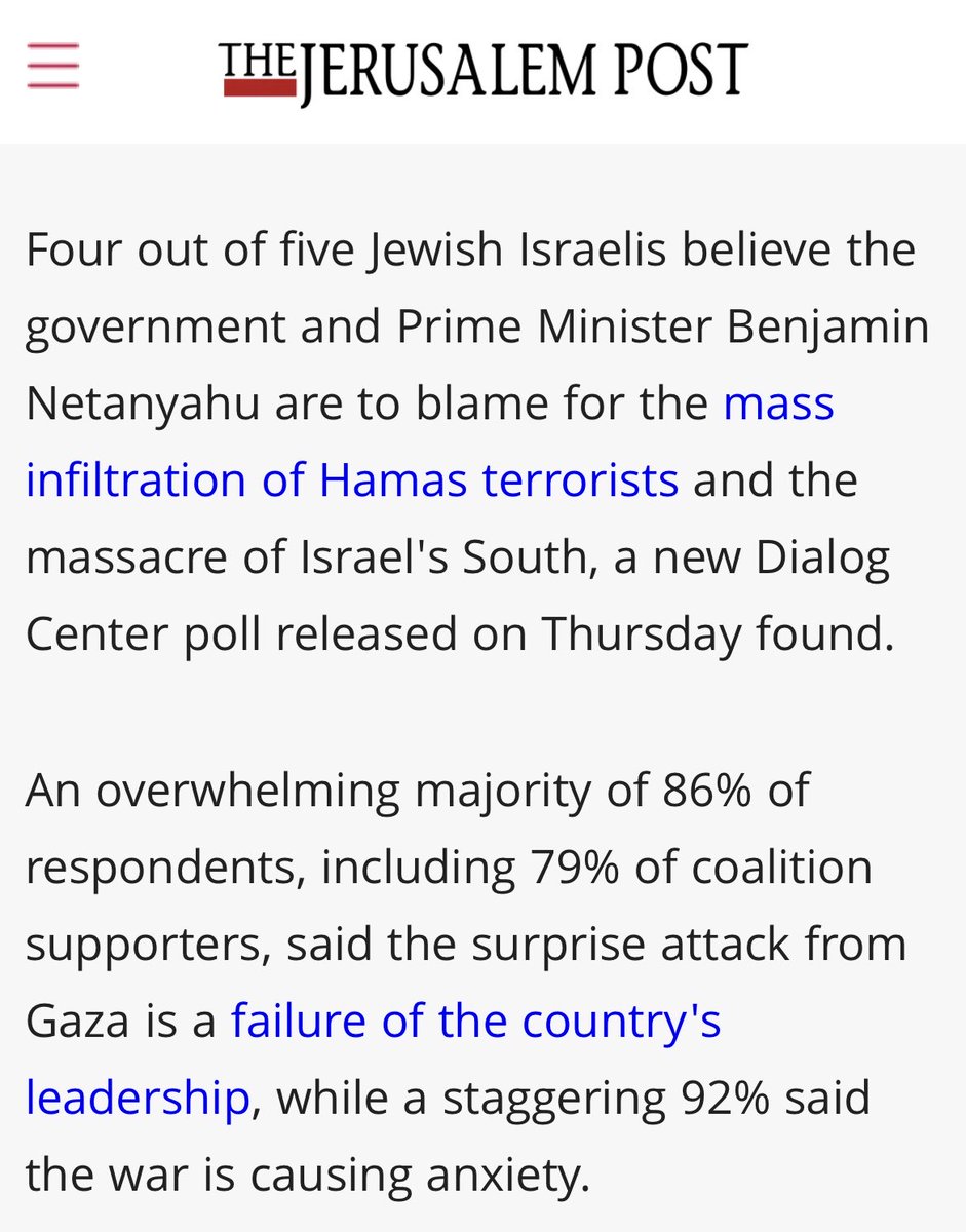 Four out of five Jewish Israelis believe the government and Prime Minister Benjamin Netanyahu are to blame for the mass infiltration of Hamas terrorists and the massacre of Israel's South, a new poll released on Thursday found.