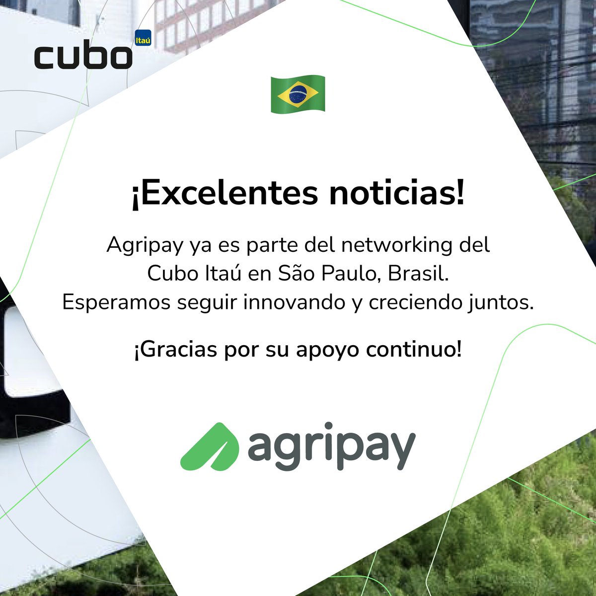 agripay_ar's tweet photo. ¡Excelente noticia! Estamos emocionados de anunciar nuestro primer paso hacia la regionalización de Agripay, gracias al networking con CUBO ITAU en São Paulo, Brasil. Este nuevo hito nos permitirá expandir nuestros horizontes y ofrecer la propuesta de valor de Agripay en Brasil. https://t.co/EC6m3aVaGL