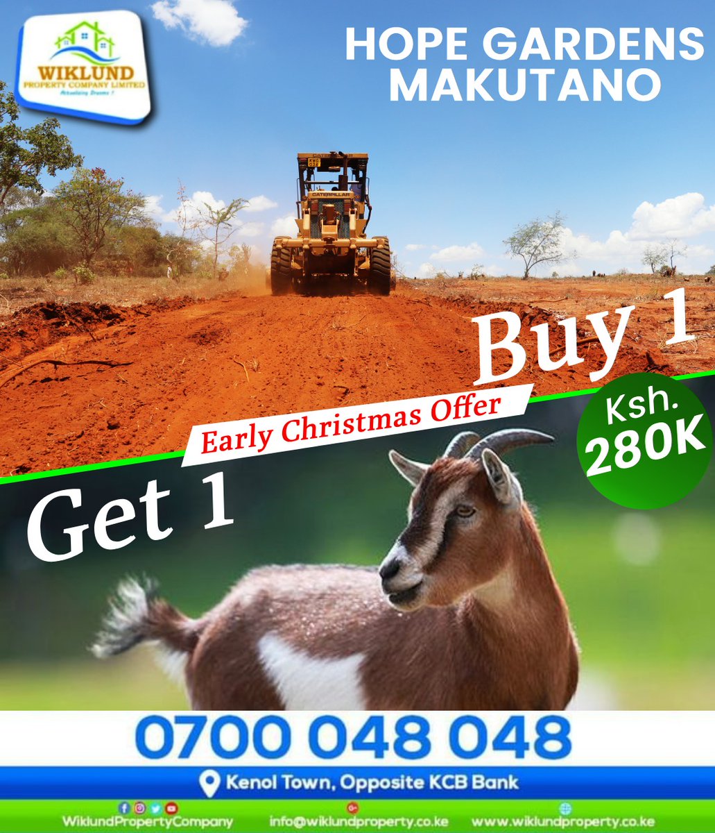 How about you grab yourself an early Christmas gift. Just pick a plot and let us do the rest. Bei ni ile nafuu. Only @ 280k.

#wiklunddelivers
#hopegardensmakutano
#affordableplots