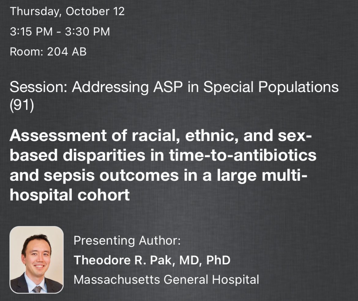 9/ ⏰ 3:15-3:30

Assessment of disparities in time to anbx and sepsis outcomes

@theodorepak