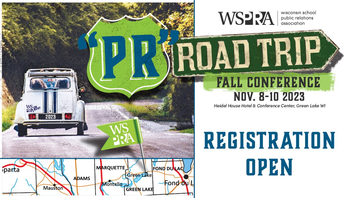 WSPRA's tweet photo. 🎉 Registration is open for our #schoolpr Fall Conference coming up November 8-10 at the Heidel House in Green Lake! Check out the great line up of pre-conference options, keynote speakers, breakout sessions, sponsors, and fun activities! Join us: https://t.co/c8qZl4zcZY https://t.co/y9K1QJJcBw