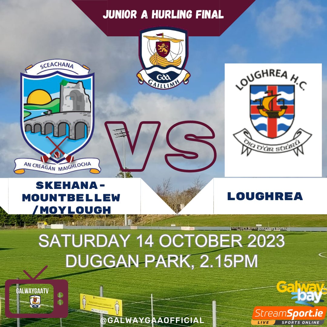 Junior A Hurling Final 🏆 Big weekend ahead for the hurlers of Skehana-Mountbellew/Moylough and Loughrea as they go head to head in the Junior A Final on Saturday. Watch the game live on Galway GAA TV📺 🕑2:15PM 📍Duggan Park Buy Streaming Passes 🔽 page.inplayer.com/galwaygaatv/