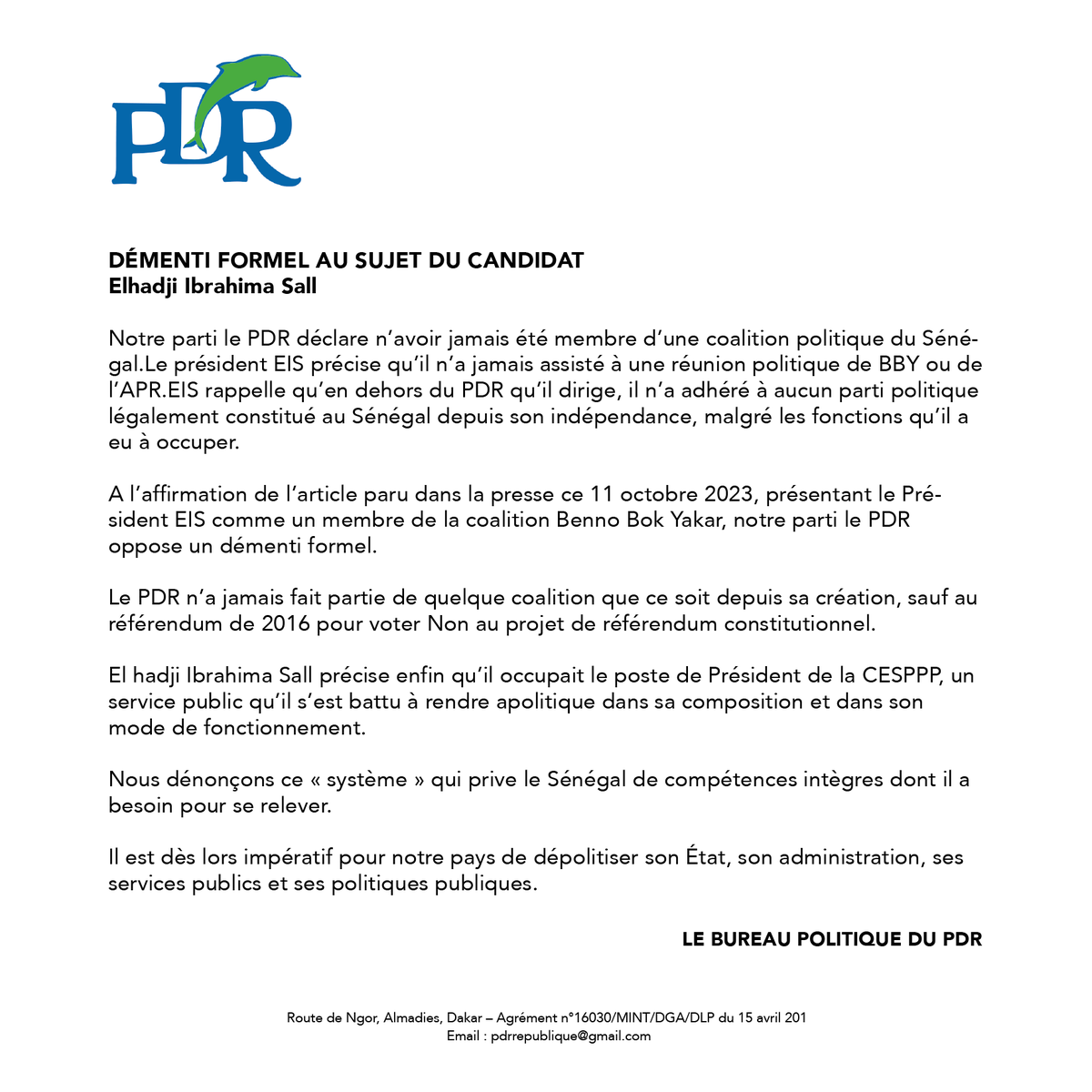 pdrparti's tweet photo. #Dernières #Minutes

Suite à la publication sur la une d’un journal de la place affichant El Hadji Ibrahima SALL comme membre de Benno Bokk Yaakaar, le bureau politique du #PDR vient de sortir ce démenti pour éclairer le peuple sénégalais…

#PDR #senegal #republique #Kebetu 🇸🇳 https://t.co/hu7scdAnBt