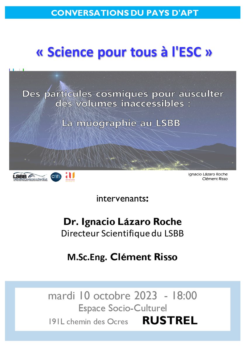 LSBB_UAR3538's tweet photo. Nous avons fait, mardi, une conférence sur le thème de la Muographie à l'ESC de Rustrel. Nous remercions les personnes présentes et également la Mairie de Rustrel. 
Nous comptons faire d'autres conférences sur d'autres thèmes du laboratoire. 
#rustrel #LSBB #vaucluse #muographie https://t.co/ckzTfClNkF