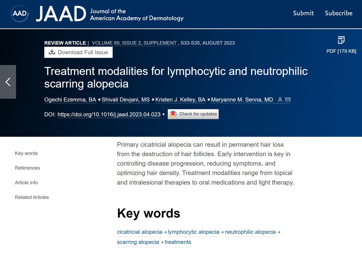 Scarring #alopecia consists of both lymphocytic and neutrophilic disorders. Treatments differ slightly depending on the nature of the condition. This JAAD supplement article discusses the various treatments for lymphocytic and neutrophilic alopecia. bit.ly/45tCiky