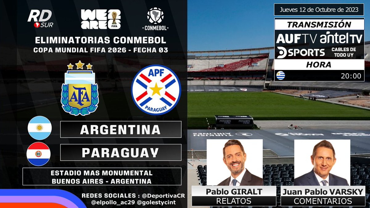 #EliminatoriasSudamericanas Copa Mundial FIFA 2026
#Argentina vs #Paraguay
🎙️ Relatos: @giraltpablo
🎙️ Comentarios: @JPVarsky
📺 TV: @auftvoficial - @anteltv - @DSportsUY y Cables de todo 🇺🇾
#️⃣ #AUFTV