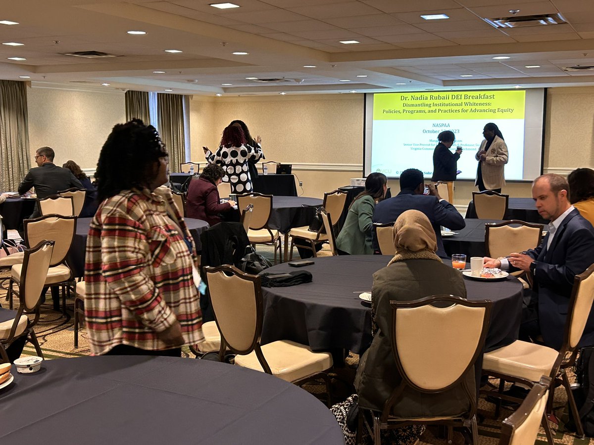 AU_SPA's tweet photo. This morning at #NASPAA2023: The Dr. Nadia Rubaii DEI Breakfast “Dismantling Institutional Whiteness: Policies, Programs, and Practices for Advancing Equity” featuring Mangala Subramaniam, Vice Provost of @VCU, @deenapierott, Executive Director of @iurbanteen, and @naspaa’s incoming president, @BerryRajade of @VCUWilderSchool.