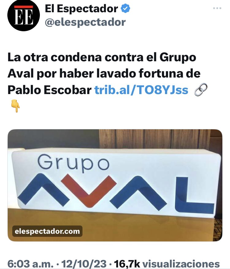Marianiniecheve's tweet photo. El Grupo Aval de Sarmiento Angulo no solo fue sancionado en EEUU por el entramado de corrupción alrededor de los sobornos Odebrecht; sino que también tuvo que reconocer y pagar condena por lavar la fortuna del cartel de Medellín y Pablo Escobar. 

De esto no supo SA, porque igual que Uribe, todos los que los rodean son unos delincuentes, menos ellos. 

Y la justicia les cree, porque, …pobres viejecitos 🤣