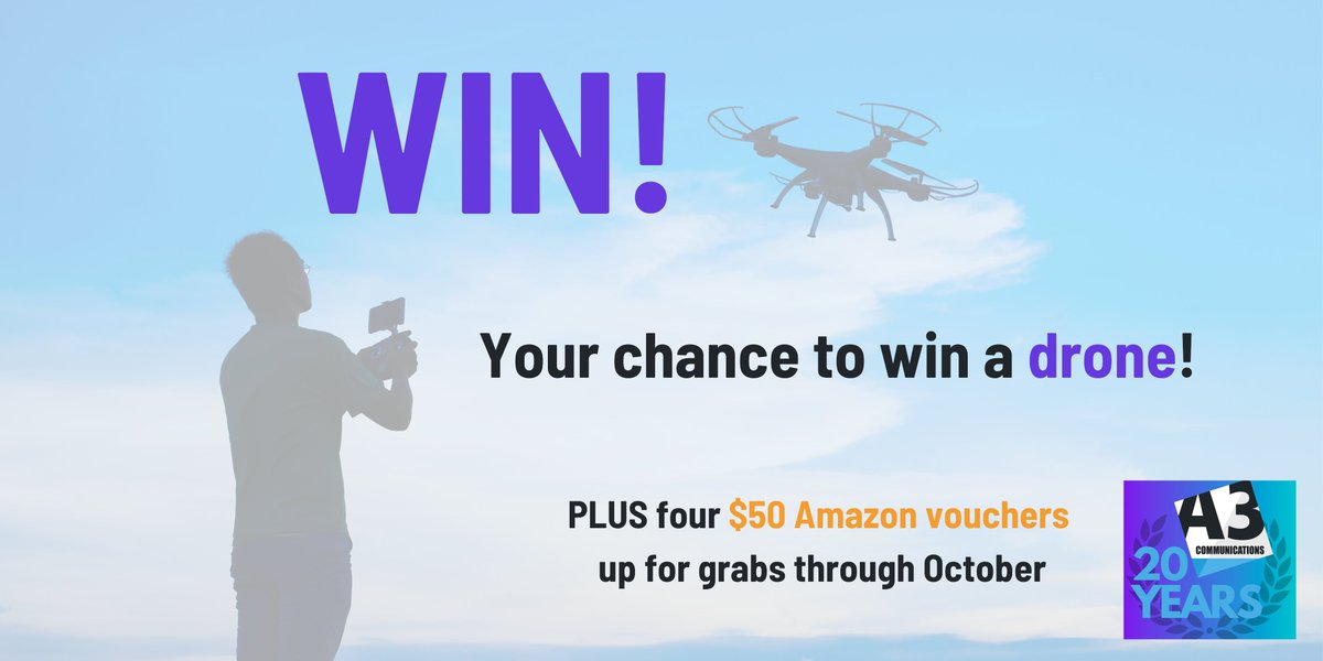 A3Comms's tweet photo. Don't miss out on your chance to win a drone or one of four $50 Amazon vouchers with the A3 Communications' 20th anniversary competition. 

Enter here by October 29: https://t.co/paZkT1ILlq 

#StoragePRSpecialists #A3is20 https://t.co/OuGRvEUf6A