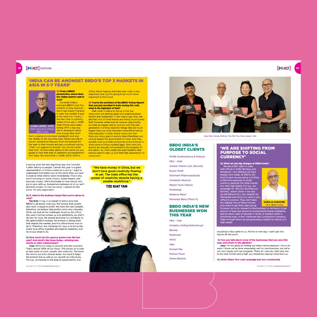 BBDOINDIA's tweet photo. A huge shoutout to Neeta Nair and IMPACT Magazine for the fantastic feature on our recent India visit with CEO of BBDO Asia Tze Kiat Tan and COO Hans Lopez-Vito, and CEO of BBDO India Suraja Kishore and Chairman &amp; CCO Josy Paul. Brand Purpose in Asia has never looked brighter. https://t.co/yKOi1lYVUb