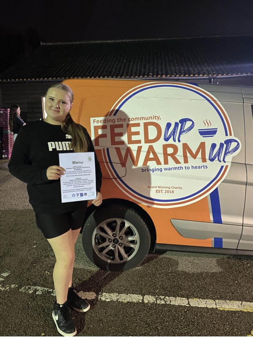 Last night one of our Y11 students Kenzy helped to serve Chicken Tikka Masala and Rice, followed by Apple Crumble &amp; Custard to the service users of Feed Up Warm Up in Hitchin. Well done Kenzy and the rest our Catering students who all helped prepare the food. #FUWU
