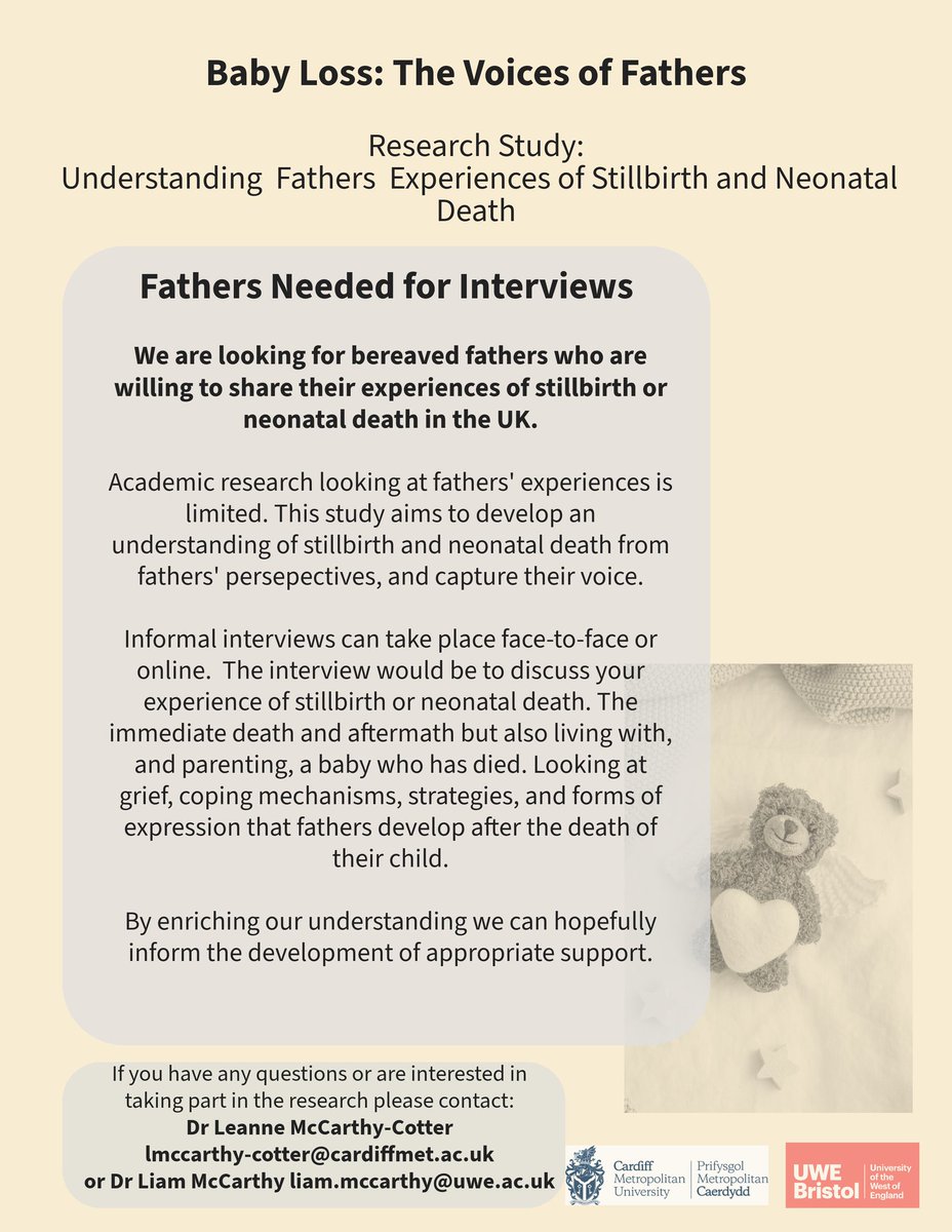 Research from UWE Bristol (@uwe_research) on Twitter photo #BabyLossAwarenessWeek is an apt time to launch our research #TheVoicesofFathers.
We're looking for bereaved fathers to share their experience of stillbirth or neonatal death If interested email Liam.McCarthy@uwe.ac.uk #BLAW #BLAW2023 #babyloss #BabyLossAwarenessWeek is an apt time to launch our research #TheVoicesofFathers.
We're looking for bereaved fathers to share their experience of stillbirth or neonatal death If interested email Liam.McCarthy@uwe.ac.uk #BLAW #BLAW2023 #babyloss