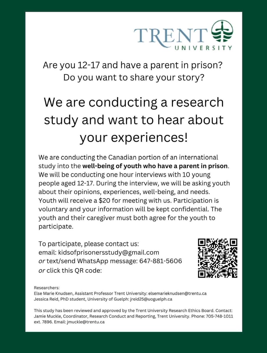 Do you know a youth between 12-17 years old who is separated from a parent in prison in Canada? We would love to hear their experiences. For those who are interested in participating in our study, please text 647-881-5606 or email kidsofprisonersstudy@gmail.com. Thank you!