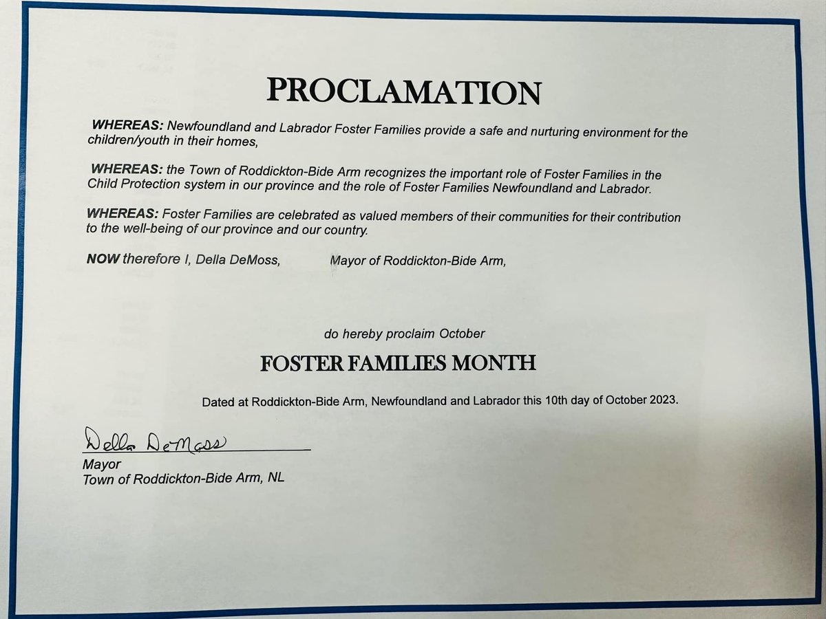 Foster Families Newfoundland and Labrador (@fosterfamilies) on Twitter photo Thank you to the Town of Roddickton - Bide Arm and Mayor DeMoss for proclaiming October as Foster Families Month. Thanks to all foster parents, and social workers who also attended. <a href="/CSSD_GovNL/">Families and Affordability</a> Thank you to the Town of Roddickton - Bide Arm and Mayor DeMoss for proclaiming October as Foster Families Month. Thanks to all foster parents, and social workers who also attended. <a href="/CSSD_GovNL/">Families and Affordability</a>