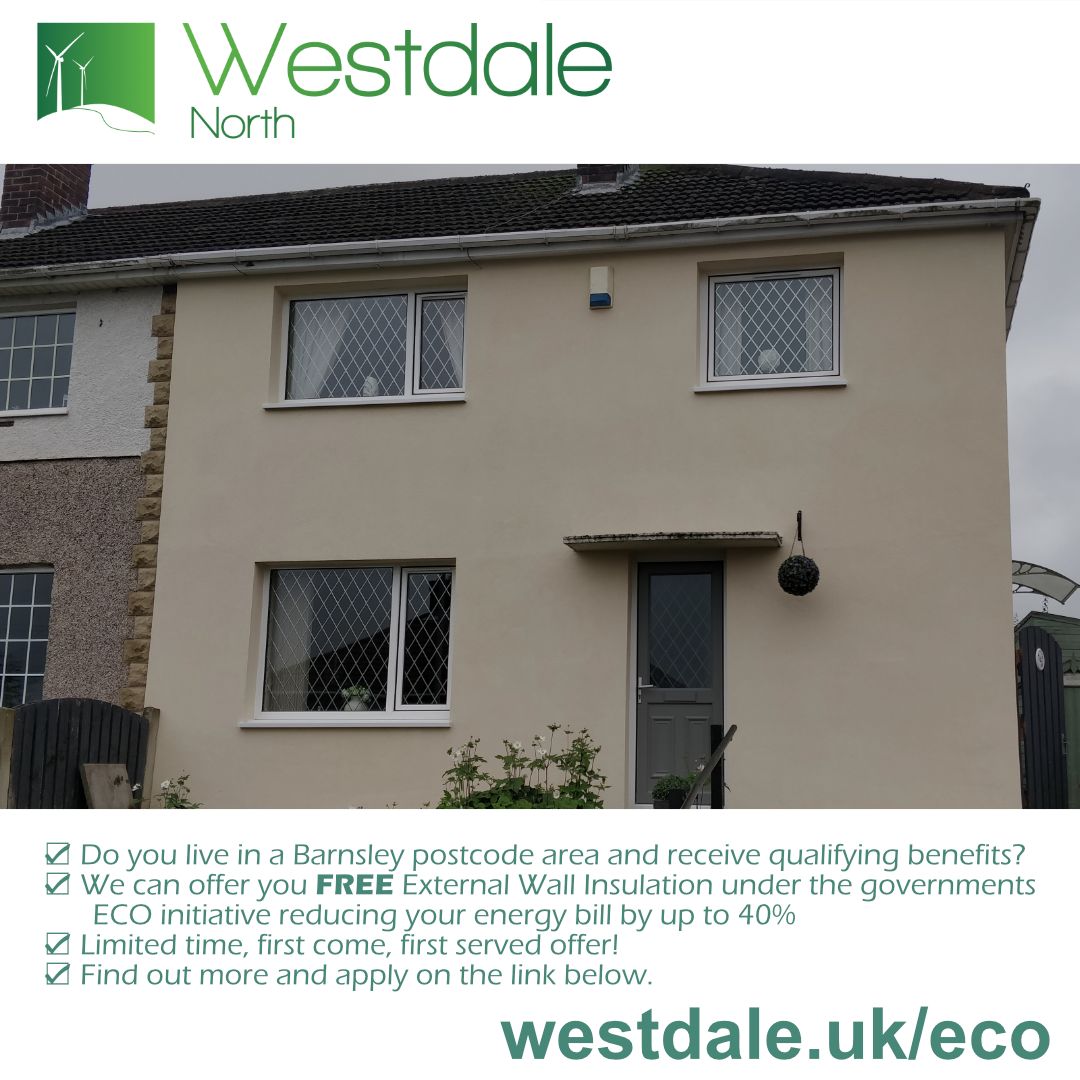 Live in a Barnsley postcode? Benefit from FREE home improvements under the government’s ECO4 initiative. Get up to 40% off energy bills with external wall insulation from Westdale North Ltd. Free if eligible for selected benefits. Act fast, apply now: buff.ly/3LT4Z3u