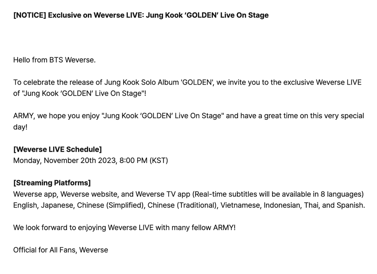 charts_k's tweet photo. Jungkook's "'GOLDEN' Live On Stage" will be streamed live on Weverse on Monday Nov 20 at 8PM KST! https://t.co/QCVZtDdpfO
