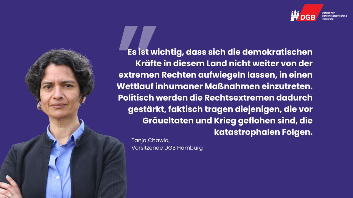 Wir fordern alle demokratischen Parteien auf, den gesellschaftlichen Zusammenhalt nicht weiter zu gefährden. In der aktuellen Debatte werden #Geflüchtete zum politischen Spielball gemacht und damit den Rechten nach dem Mund geredet. Zur Pressemeldung: tinyurl.com/DGB-Hamburg