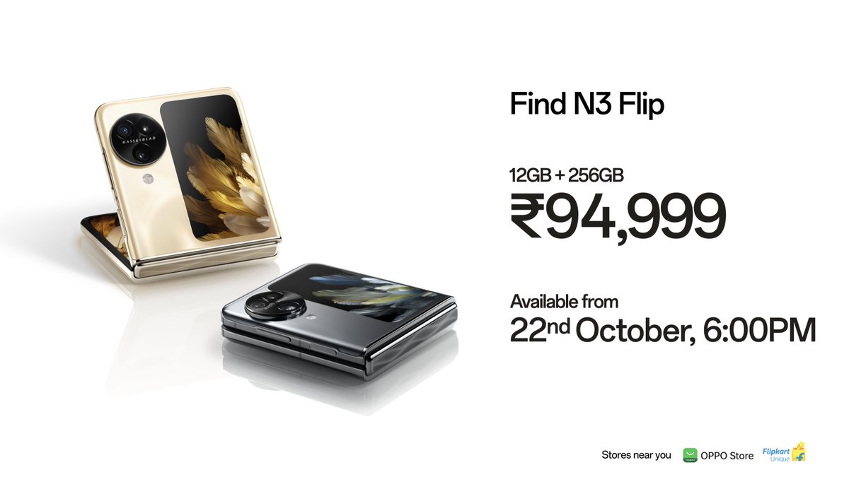 OPPOIndia's tweet image. Finally comes the moment we all are waiting for!

#OPPOFindN3Flip is available at Rs 94,999, from 22nd Oct.

Rs 12,000 cashback with other affordable schemes and additionally OPPO customers get a Rs 8000 bonus on exchange.

Pre-order now: bitly.ws/X4rS
#TheBestFlip
