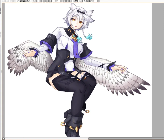 右側の翼はキャンバスサイズの都合で全て描いていませんでしたが、あとでアクスタとかにするかもしれないので無理矢理描き足してみました。小細工なしのパワープレイですが結構うまくいきましたよ。(左右で色味が違うのは色調補正を行ったため) 
