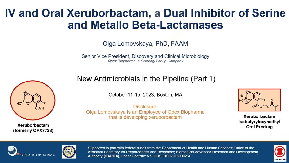 LordAlirezaF's tweet photo. New Antimicrobials in the Pipeline #IDWeek2023
-💉💊 #Xeruborbactam is a dual inhibitor of serine and metallo beta-lactamases #MBL 
- Formerly #QPX7728 https://t.co/f389Fn6gQW