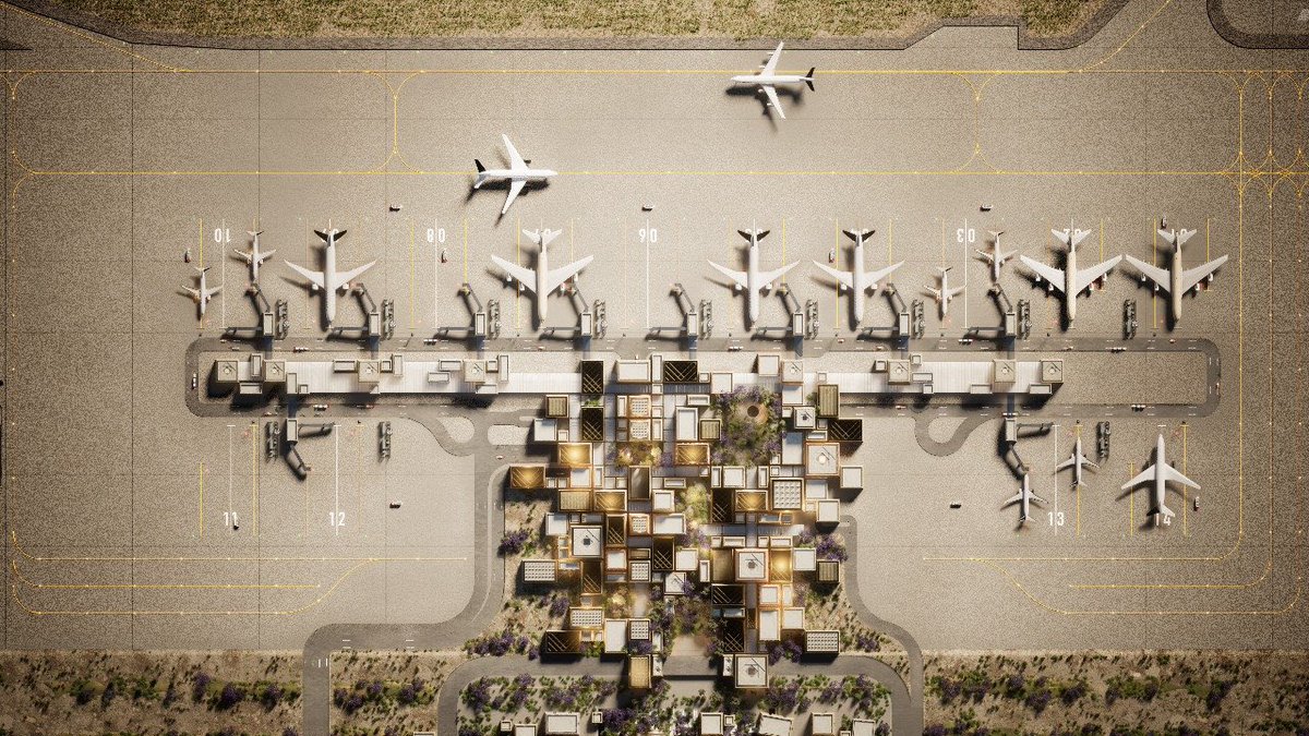 SaudiProject's tweet photo. تصاميم المخطط العام لمطار أبها الدولي الجديد الذي يضم صالة تمتد على مساحة 65 ألف متر مربع وفق هوية معمارية تعكس أصالة وتراث منطقة عسير https://t.co/WtwEfv6MNU