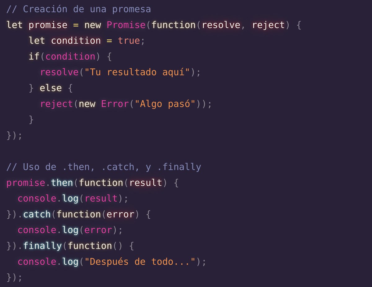 midudev's tweet photo. Explicación Callbacks y Promesas en JavaScript:

Callback
Un callback es una función que se pasa a otra función como argumento, que luego se invoca ("se llama de vuelta") en un momento adecuado.

Tradicionales en el manejo de eventos en JavaScript, los callbacks también se usan en métodos de Array y operaciones asíncronas.

El problema conocido como Callback Hell surge cuando se anidan múltiples callbacks, haciendo el código difícil de leer:

Promesas
Introducidas en ES6, las promesas representan operaciones que aún no se han completado pero se espera que se completen en el futuro. Pueden estar en uno de tres estados: pendiente, resuelta o rechazada.

Las promesas tienen los métodos .then, .catch y .finally, que puedes utilizar para adjuntar callbacks que se ejecutarán cuando la promesa se resuelva o se rechace:

Las promesas, con sus métodos .then, .catch, y .finally, proporcionan una forma más estructurada y legible de manejar operaciones asíncronas, evitando el Callback Hell.

Algunos métodos como fetch directamente devuelven una promesa y puedes  usar .then o .catch en ellas.

async/await
ES2017 introdujo async/await como una capa de abstracción sobre las promesas, simplificando aún más el manejo de operaciones asíncronas:

Resumen

Los Callbacks son funciones pasadas como argumentos a otras funciones, usadas tradicionalmente para manejar eventos y operaciones asíncronas en JavaScript. Sin embargo, pueden llevar a un código anidado complejo conocido como "Callback Hell".

Las Promesas, introducidas en ES6, representan operaciones futuras y proporcionan una estructura más clara para manejar la asincronía, con métodos como .then, .catch, y .finally para gestionar resultados y errores.

Adicionalmente, ES2017 trajo async/await para simplificar aún más el manejo de operaciones asíncronas, construyendo sobre las promesas.