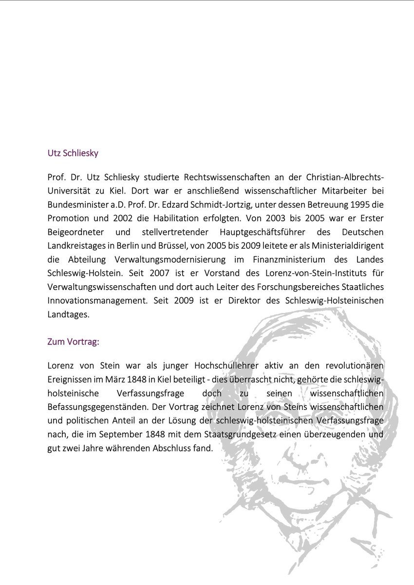Prof. Dr. Utz Schliesky zeichnet in seinem Vortrag Lorenz von Steins wissenschaftlichen und politischen Anteil an der Lösung der schleswig-holsteinischen Verfassungsfrage nach. Wir freuen uns über Anmeldungen!