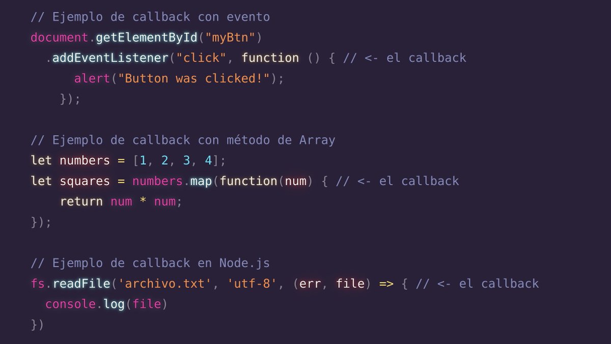 midudev's tweet photo. Explicación Callbacks y Promesas en JavaScript:

Callback
Un callback es una función que se pasa a otra función como argumento, que luego se invoca ("se llama de vuelta") en un momento adecuado.

Tradicionales en el manejo de eventos en JavaScript, los callbacks también se usan en métodos de Array y operaciones asíncronas.

El problema conocido como Callback Hell surge cuando se anidan múltiples callbacks, haciendo el código difícil de leer:

Promesas
Introducidas en ES6, las promesas representan operaciones que aún no se han completado pero se espera que se completen en el futuro. Pueden estar en uno de tres estados: pendiente, resuelta o rechazada.

Las promesas tienen los métodos .then, .catch y .finally, que puedes utilizar para adjuntar callbacks que se ejecutarán cuando la promesa se resuelva o se rechace:

Las promesas, con sus métodos .then, .catch, y .finally, proporcionan una forma más estructurada y legible de manejar operaciones asíncronas, evitando el Callback Hell.

Algunos métodos como fetch directamente devuelven una promesa y puedes  usar .then o .catch en ellas.

async/await
ES2017 introdujo async/await como una capa de abstracción sobre las promesas, simplificando aún más el manejo de operaciones asíncronas:

Resumen

Los Callbacks son funciones pasadas como argumentos a otras funciones, usadas tradicionalmente para manejar eventos y operaciones asíncronas en JavaScript. Sin embargo, pueden llevar a un código anidado complejo conocido como "Callback Hell".

Las Promesas, introducidas en ES6, representan operaciones futuras y proporcionan una estructura más clara para manejar la asincronía, con métodos como .then, .catch, y .finally para gestionar resultados y errores.

Adicionalmente, ES2017 trajo async/await para simplificar aún más el manejo de operaciones asíncronas, construyendo sobre las promesas.