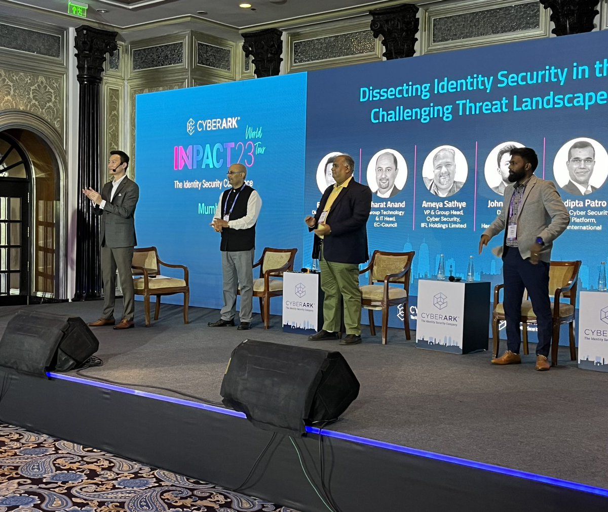 jain_achintya's tweet photo. Our 1st panel at @CyberArk #Impact2023 dissect security for dynamic &amp; demanding environments.

This panel has #BharatAnand from @ECCOUNCIL, #AmeyaSathye from @iiflsecurities, #JohnJoseph from #HeronHealthcare, Pradipta Patro from @KEC_Intl, &amp; #VaibhavAggarwal of @MakeMyTrip https://t.co/aUaLPuTxr1